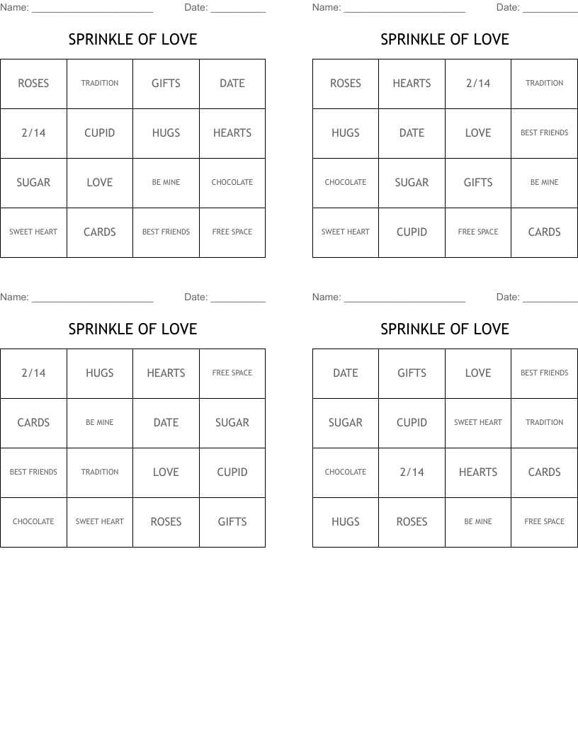 SPRINKLE OF LOVE Bingo Cards