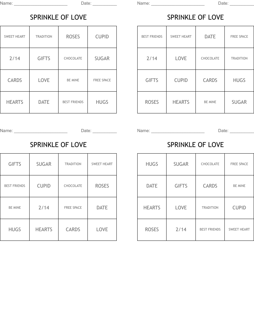 SPRINKLE OF LOVE Bingo Cards