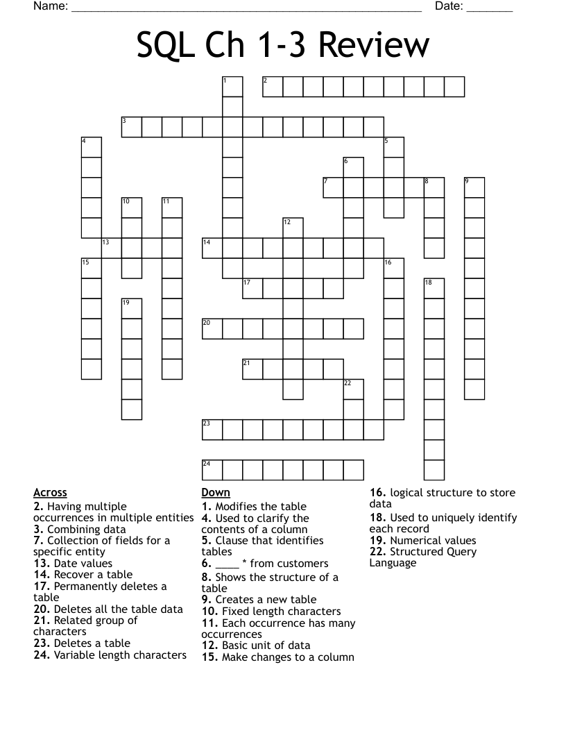 SQL Ch 1-3 Review Crossword