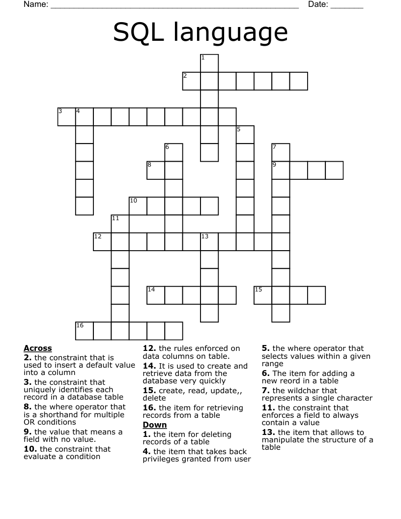 SQL language Crossword