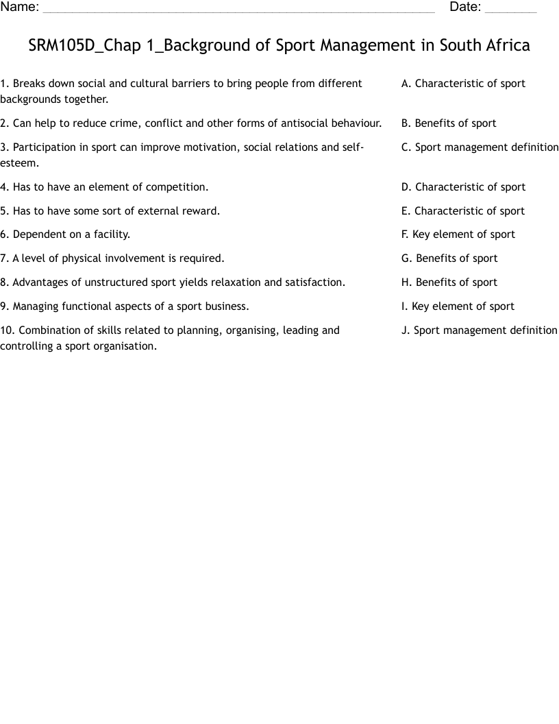 SRM105D_Chap 1_Background of Sport Management in South Africa Worksheet