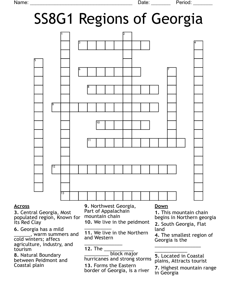 SS8G1 Regions of Georgia Crossword