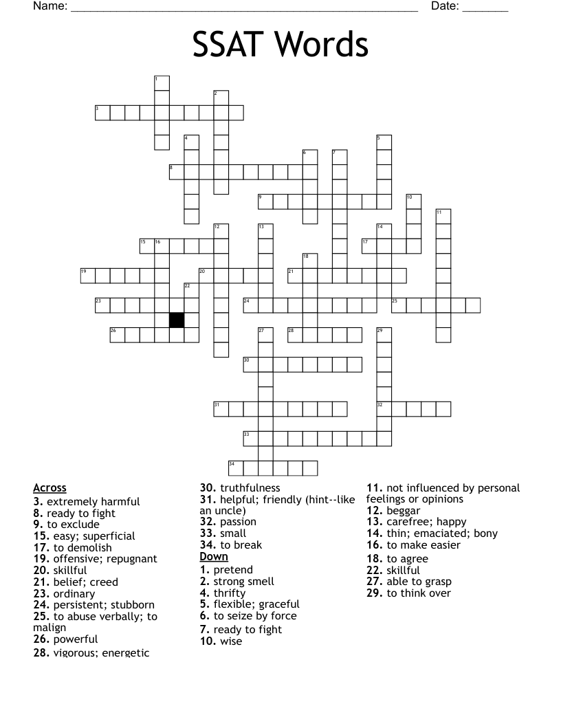 SSAT Words Crossword