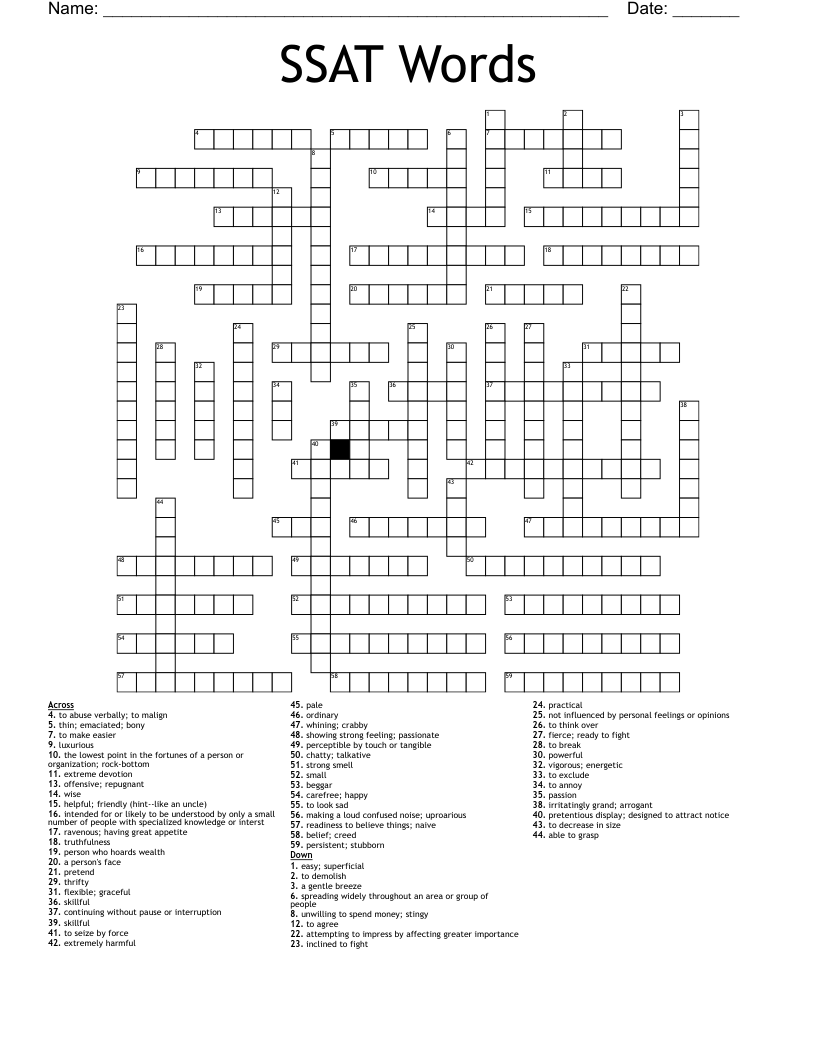 SSAT Words Crossword