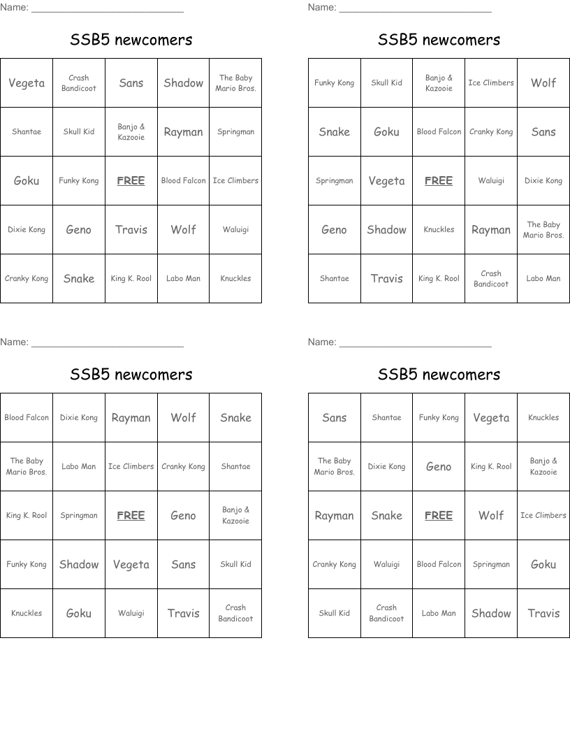 SSB5 newcomers Bingo Cards