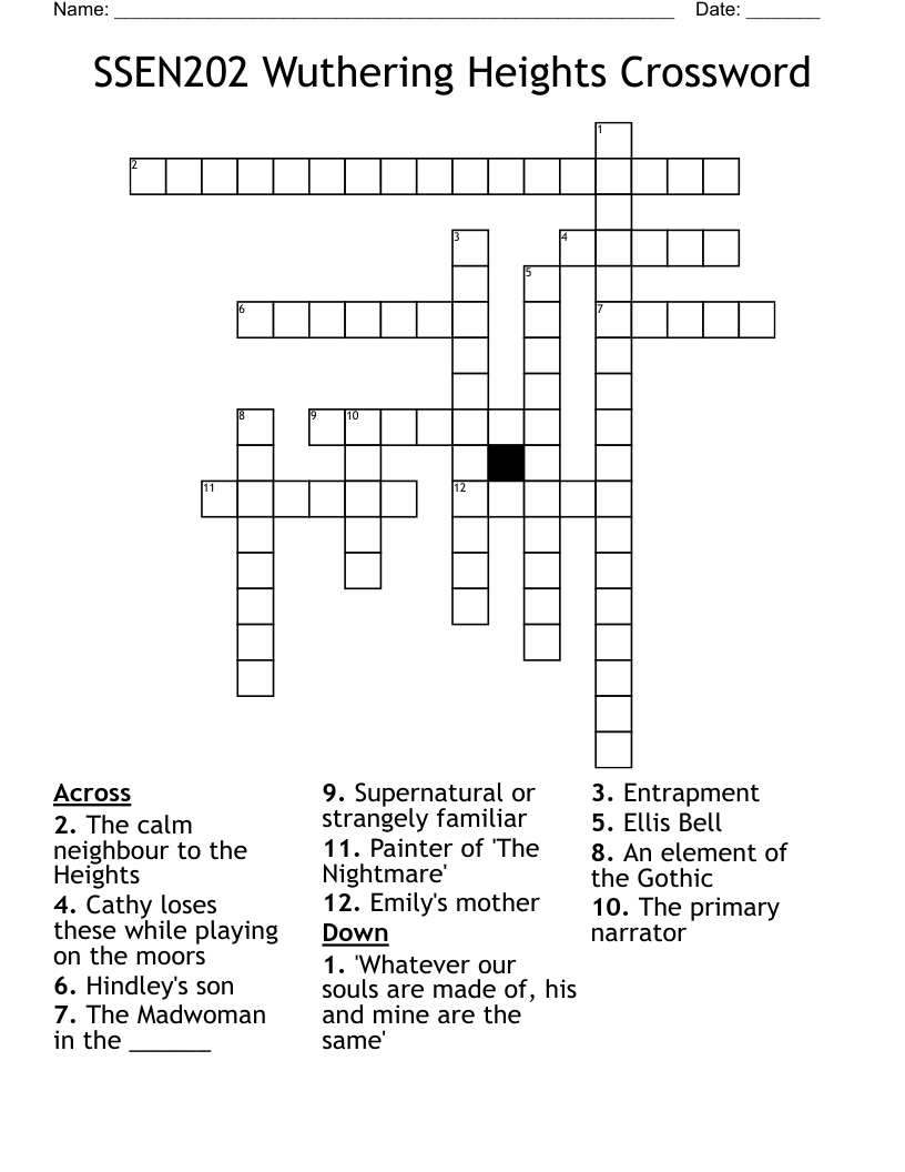 SSEN202 Wuthering Heights Crossword
