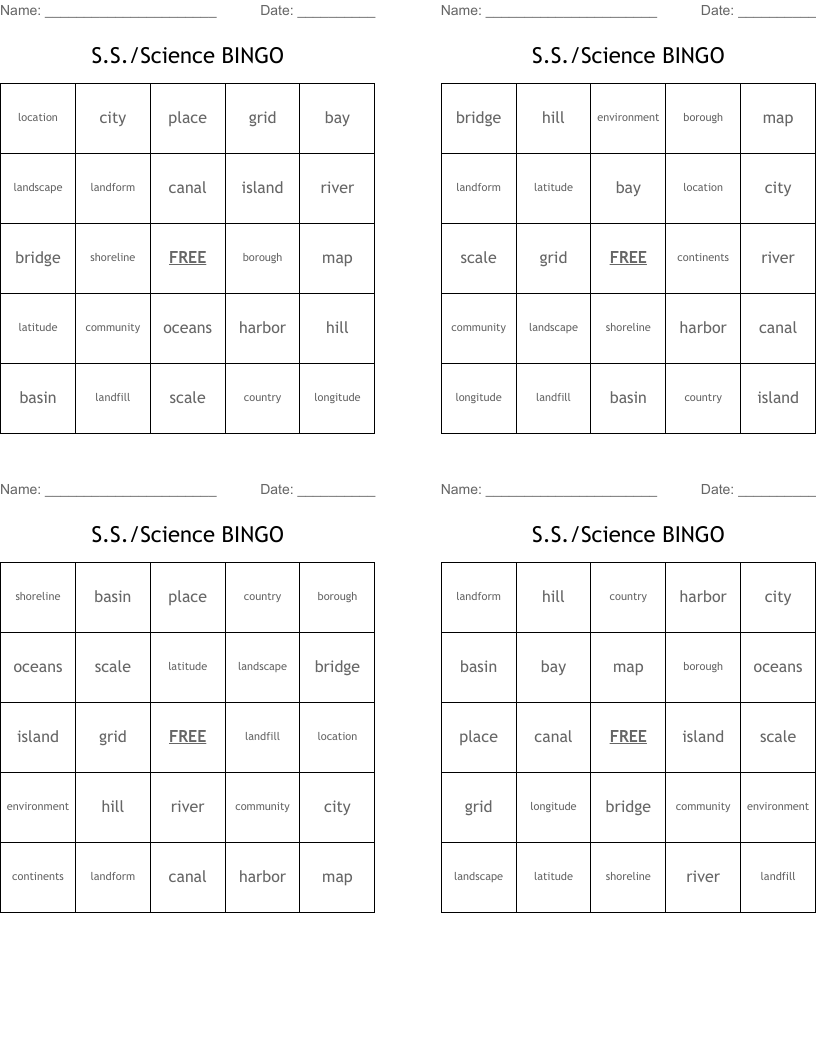 S.S./Science BINGO