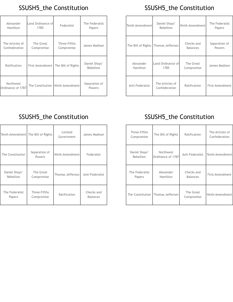 SSUSH5_the Constitution Bingo Cards