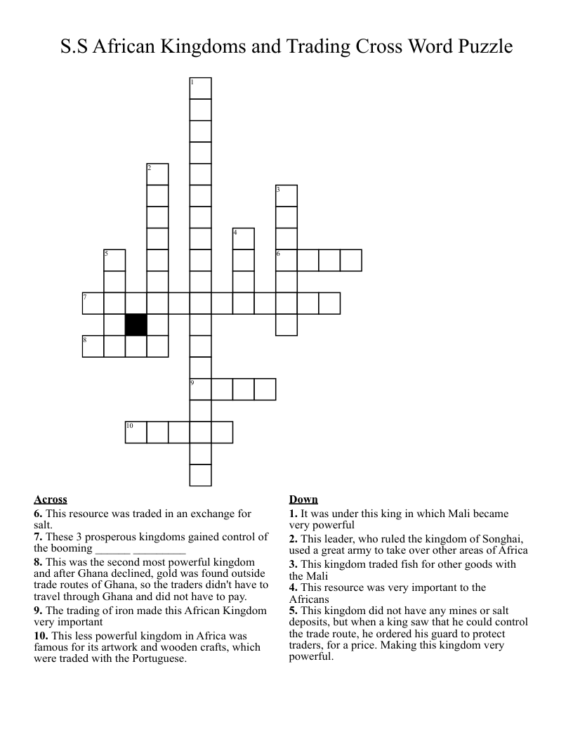 S.S African Kingdoms and Trading Cross Word Puzzle