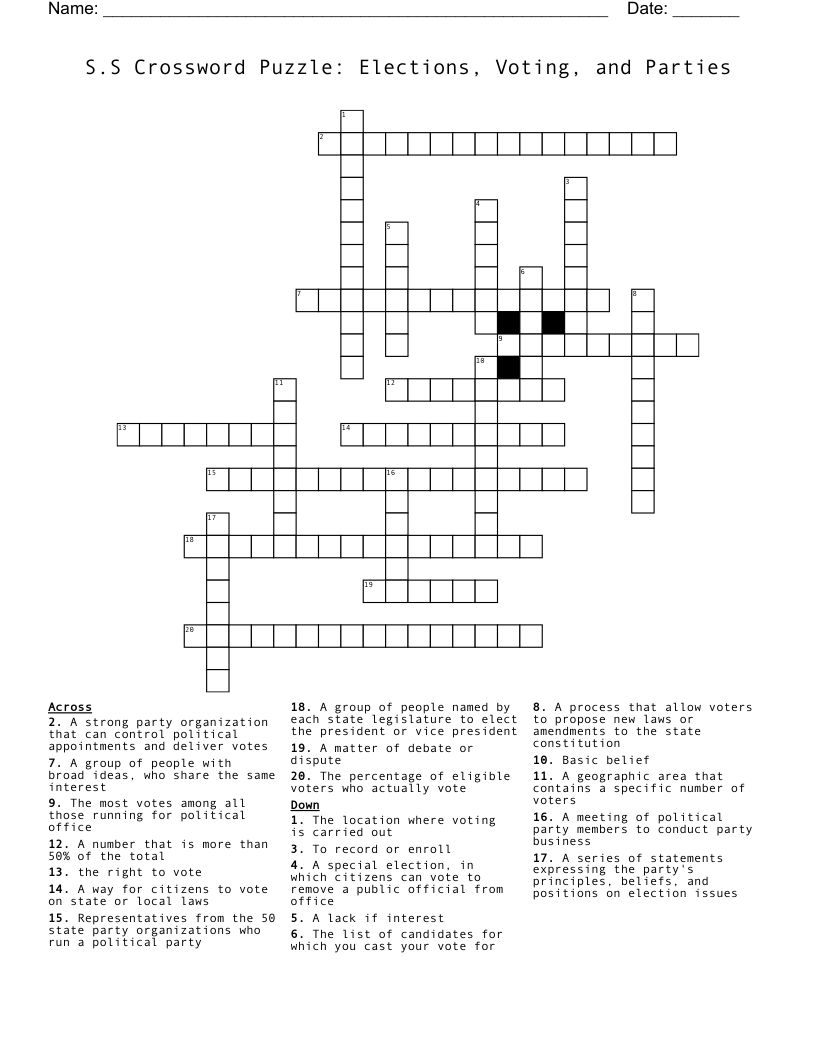 S.S Crossword Puzzle: Elections, Voting, and Parties