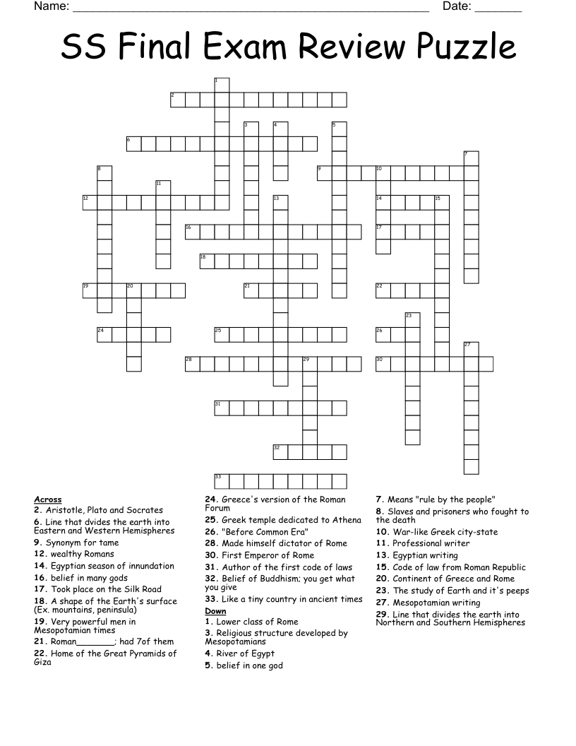 SS Final Exam Review Puzzle Crossword