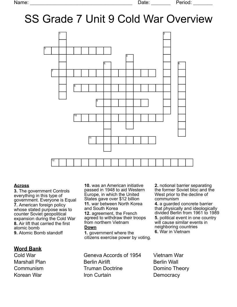 SS Grade 7 Unit 9 Cold War Overview Crossword