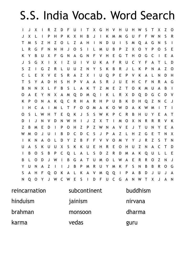S.S. India Vocab. Word Search