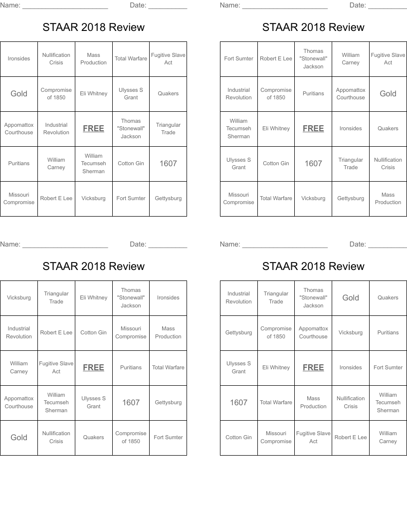STAAR 2018 Review  Bingo Cards