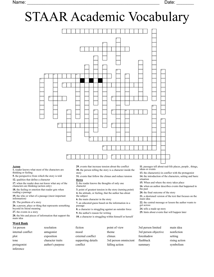 STAAR Academic Vocabulary  Crossword
