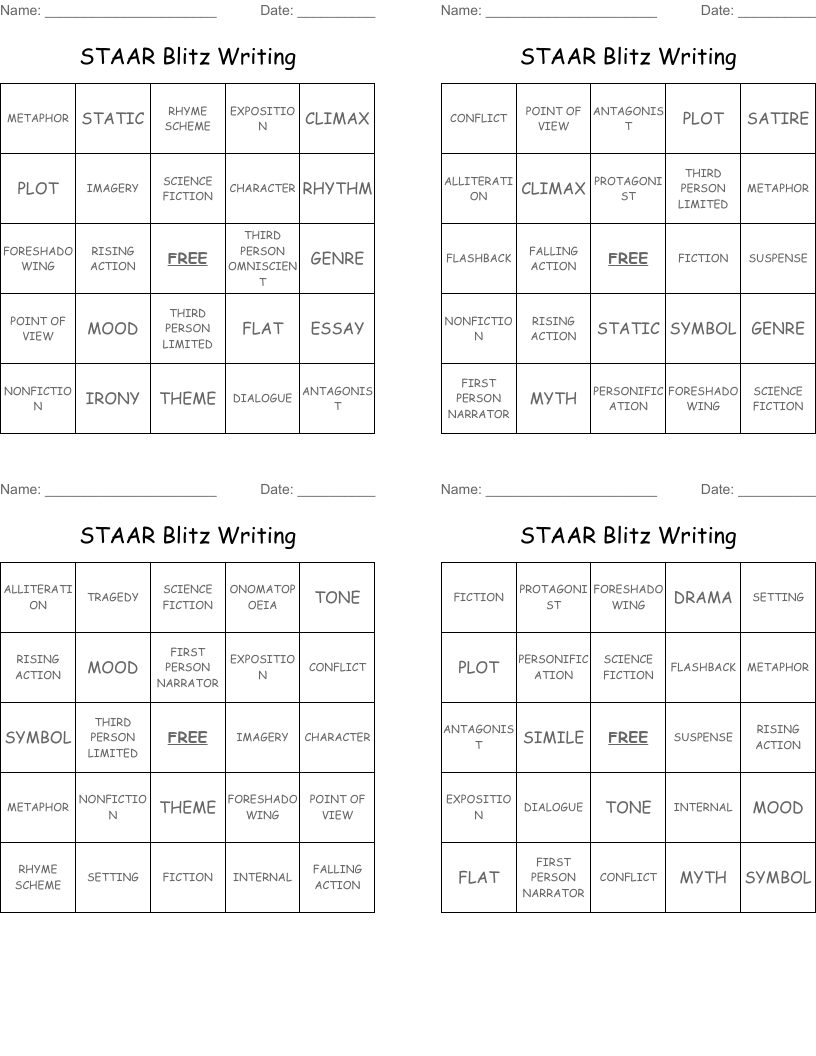 STAAR Blitz   Writing Bingo Cards