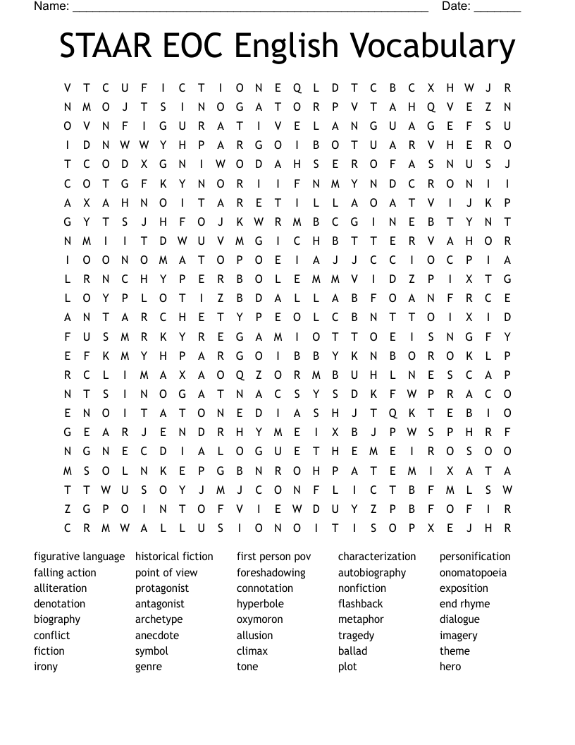 STAAR EOC English Vocabulary Word Search