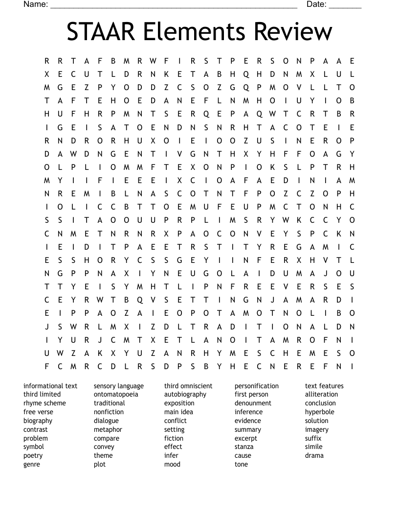 STAAR Elements Review Word Search