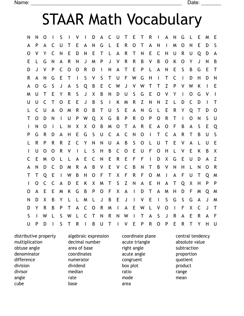 STAAR Math Vocabulary Word Search
