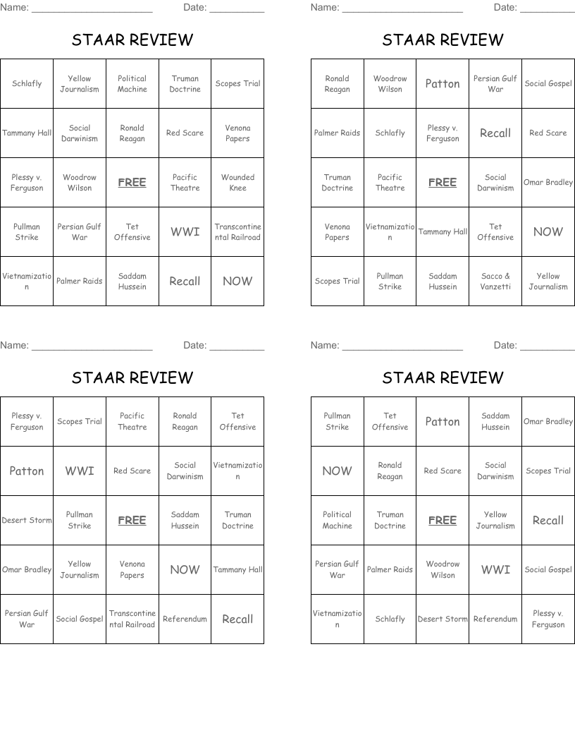 STAAR REVIEW Bingo Cards