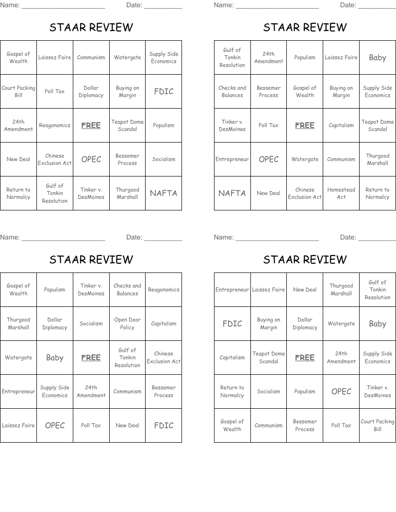 STAAR REVIEW Bingo Cards