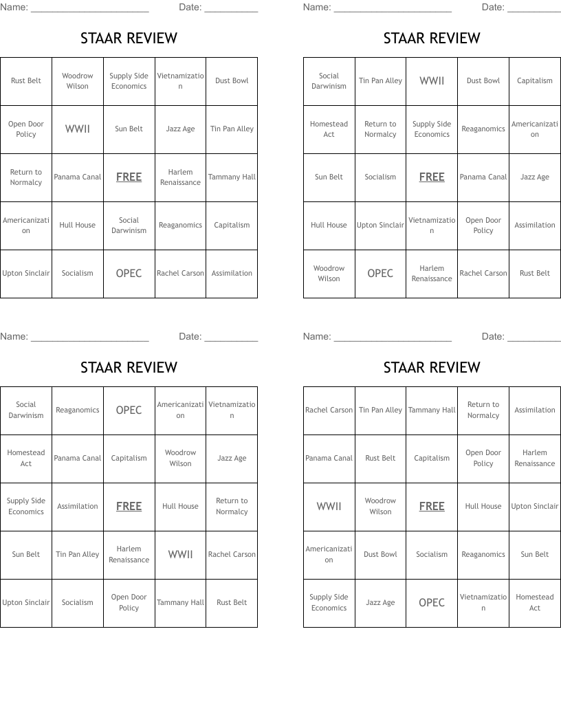 STAAR REVIEW Bingo Cards