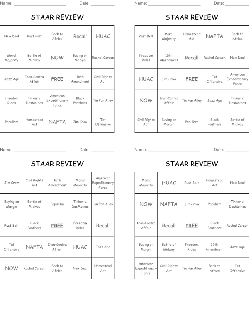 STAAR REVIEW Bingo Cards