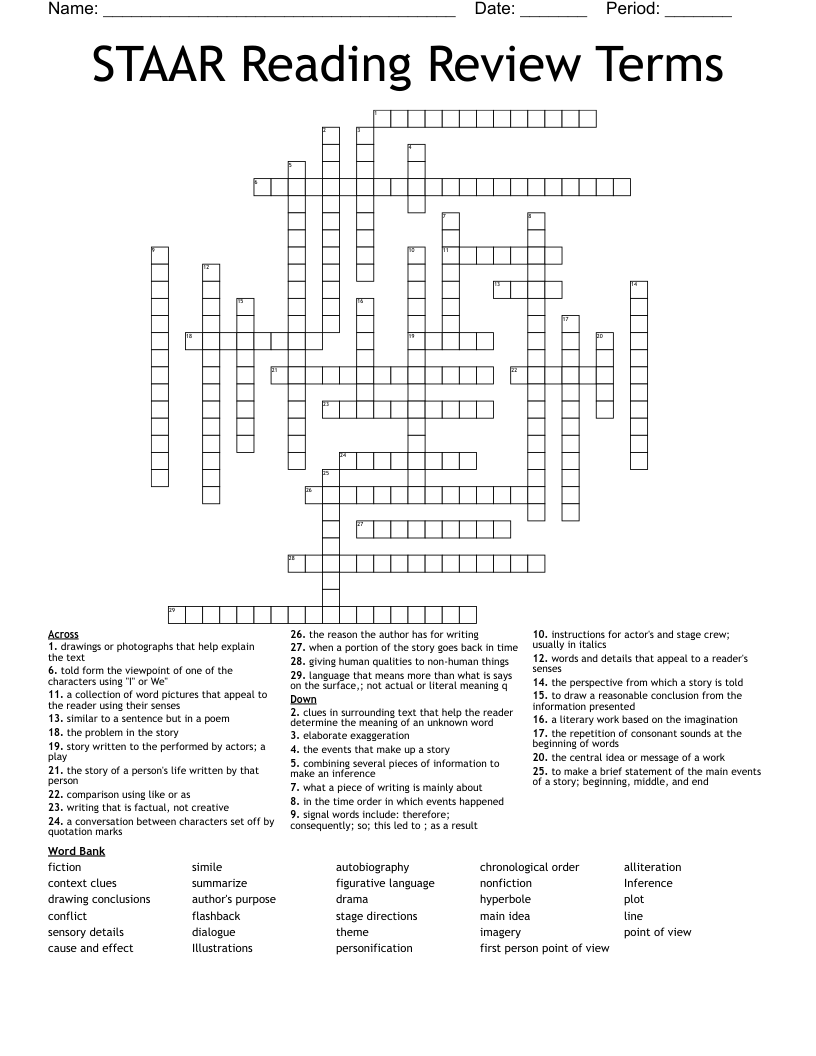 STAAR Reading Review Terms  Crossword