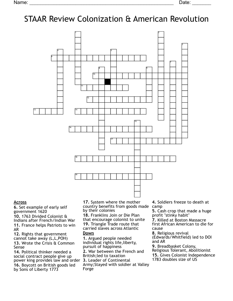 STAAR Review Colonization & American Revolution Crossword