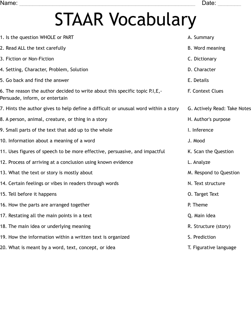 STAAR Vocabulary  Worksheet