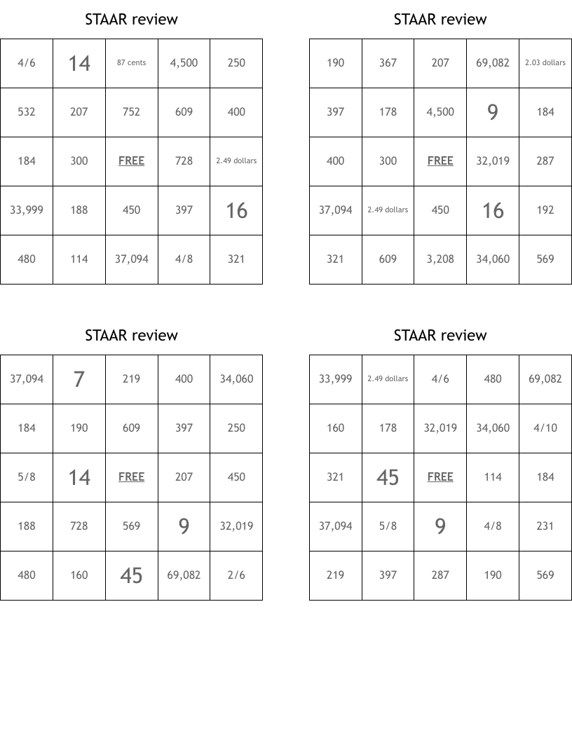 STAAR review Bingo Cards
