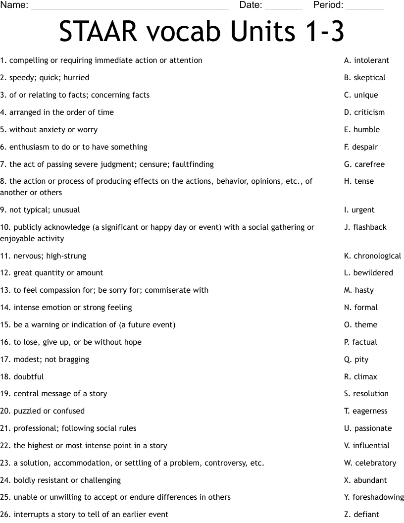 STAAR vocab Units 1-3 Worksheet
