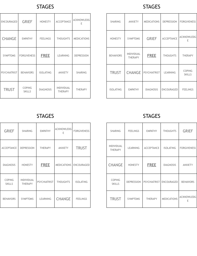 STAGES Bingo Cards