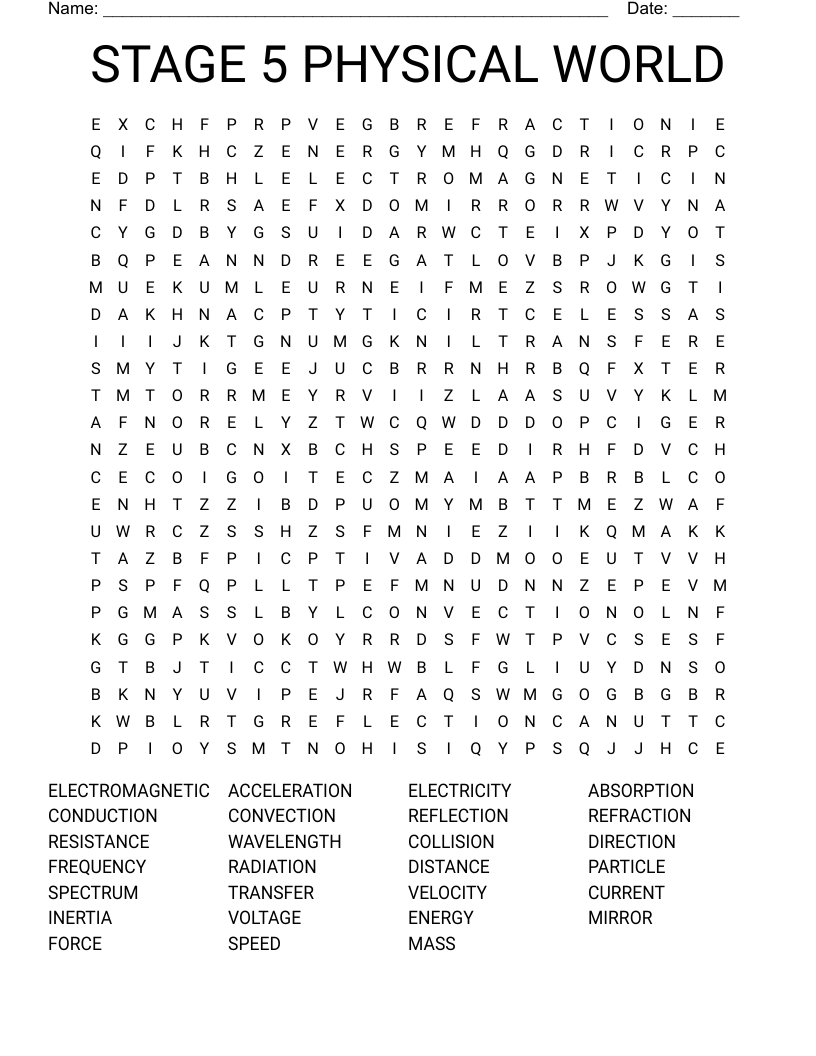STAGE 5 PHYSICAL WORLD Word Search