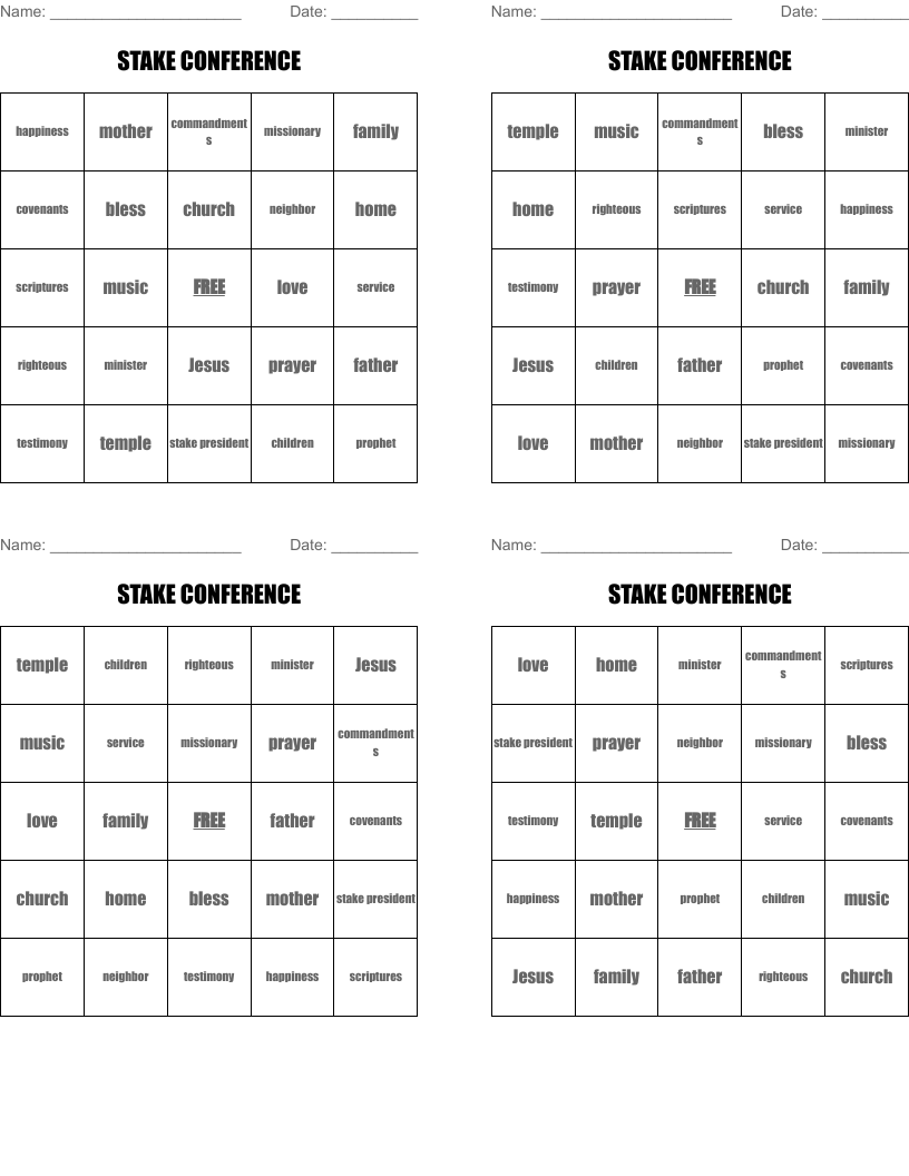 STAKE CONFERENCE Bingo Cards