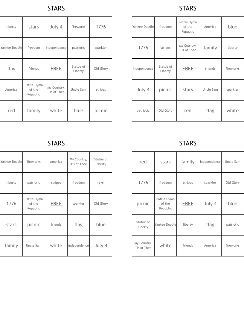 STARS Bingo Cards