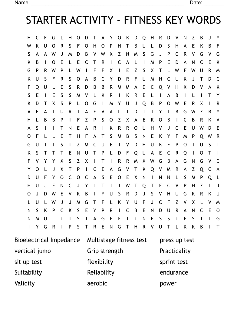 STARTER ACTIVITY - FITNESS KEY WORDS Word Search