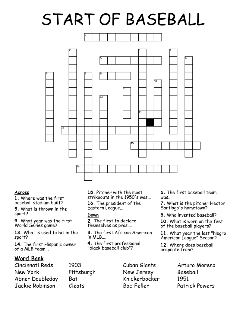 START OF BASEBALL Crossword