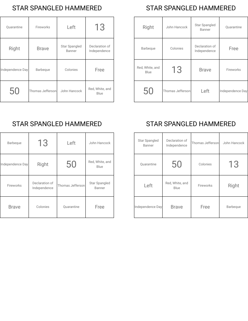 STAR SPANGLED HAMMERED Bingo Cards