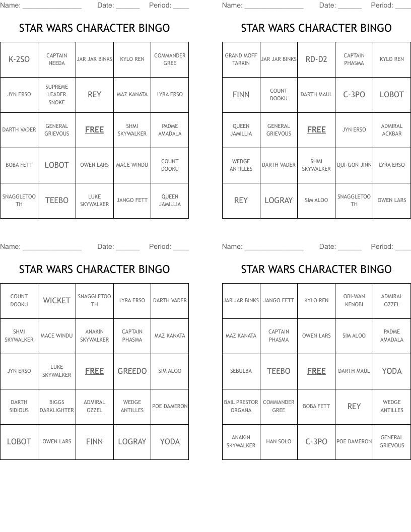 STAR WARS CHARACTER BINGO