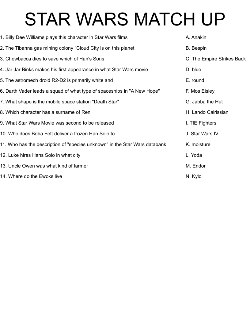 STAR WARS MATCH UP Worksheet