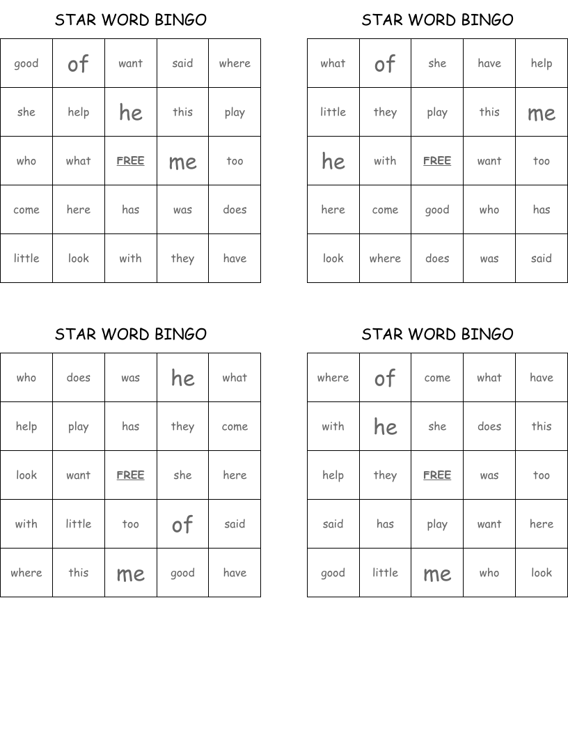 STAR WORD BINGO