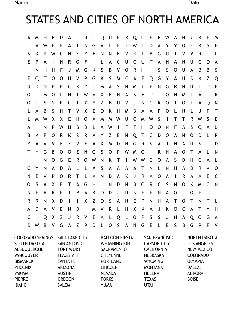 STATES AND CITIES OF NORTH AMERICA Word Search