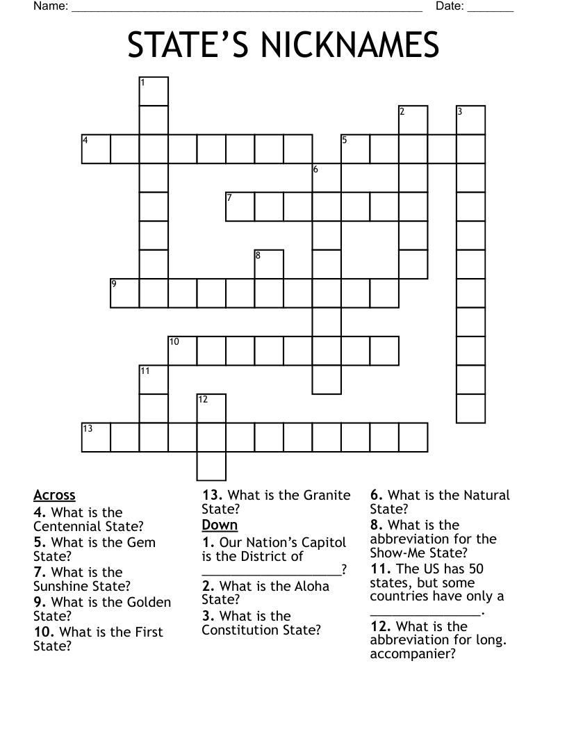 STATE’S NICKNAMES Crossword