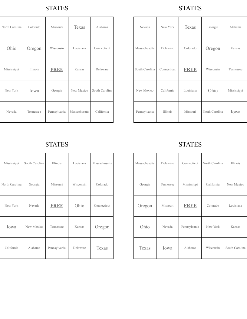 STATES  Bingo Cards