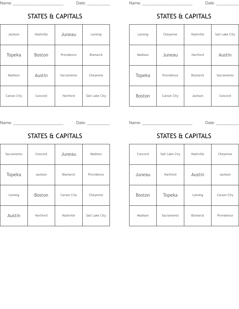 STATES & CAPITALS Bingo Cards