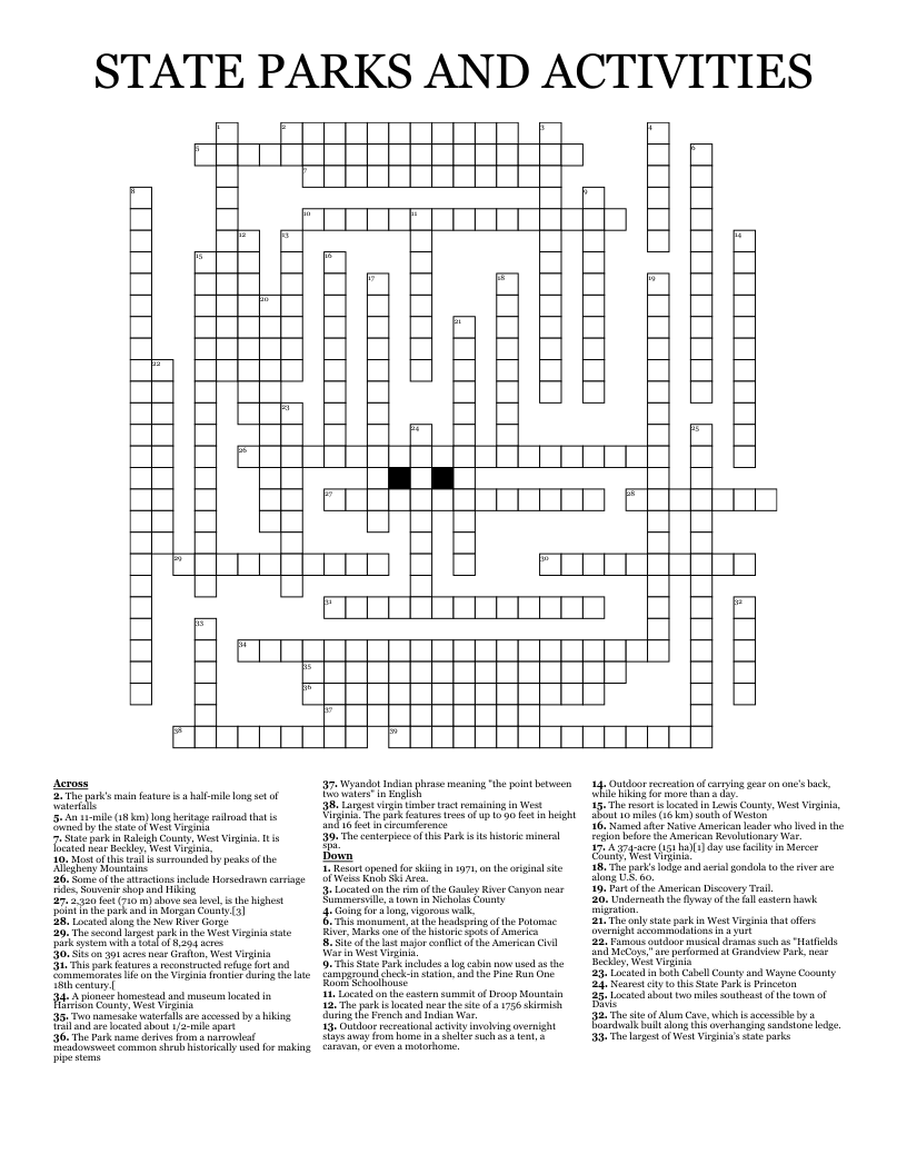 STATE PARKS AND ACTIVITIES Crossword