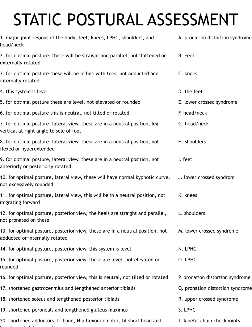 STATIC POSTURAL ASSESSMENT Worksheet