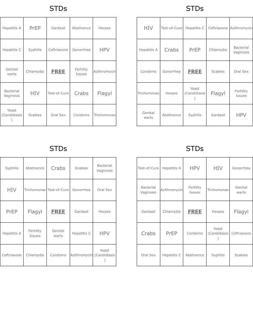 STDs Bingo Cards