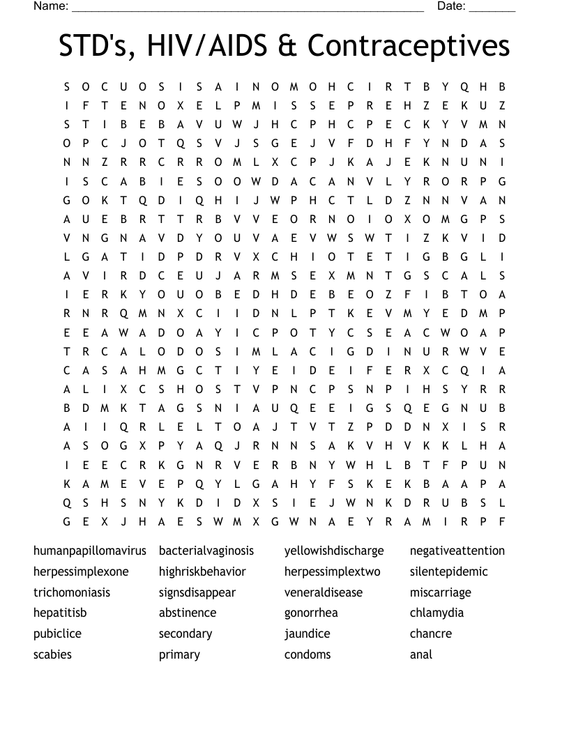 STD's, HIV/AIDS & Contraceptives Word Search